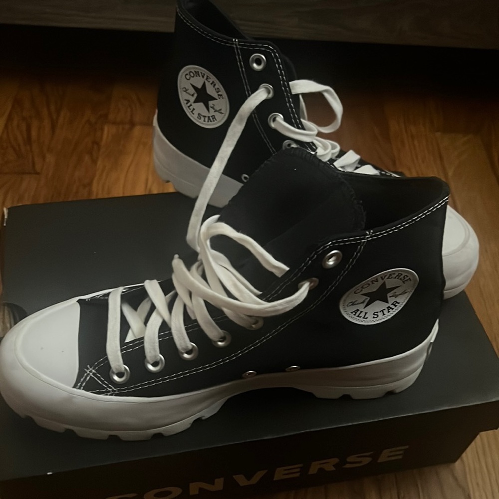 Lugged hi black and white converse